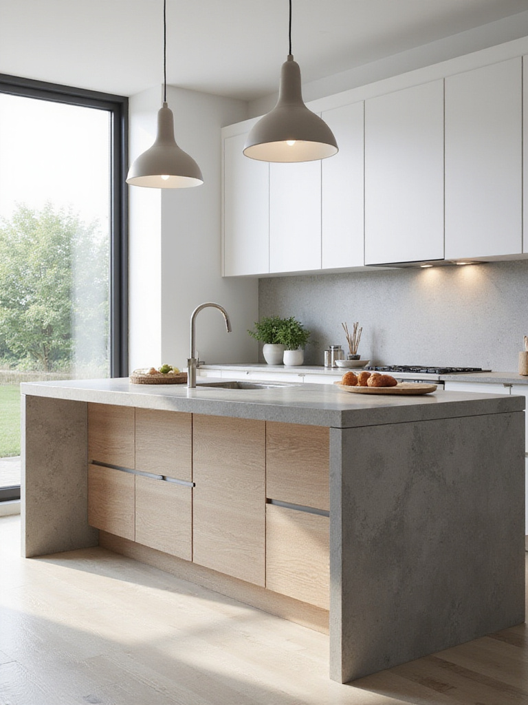 Contemporary kitchen with textured wood grain lower cabinets and smooth white upper cabinets.