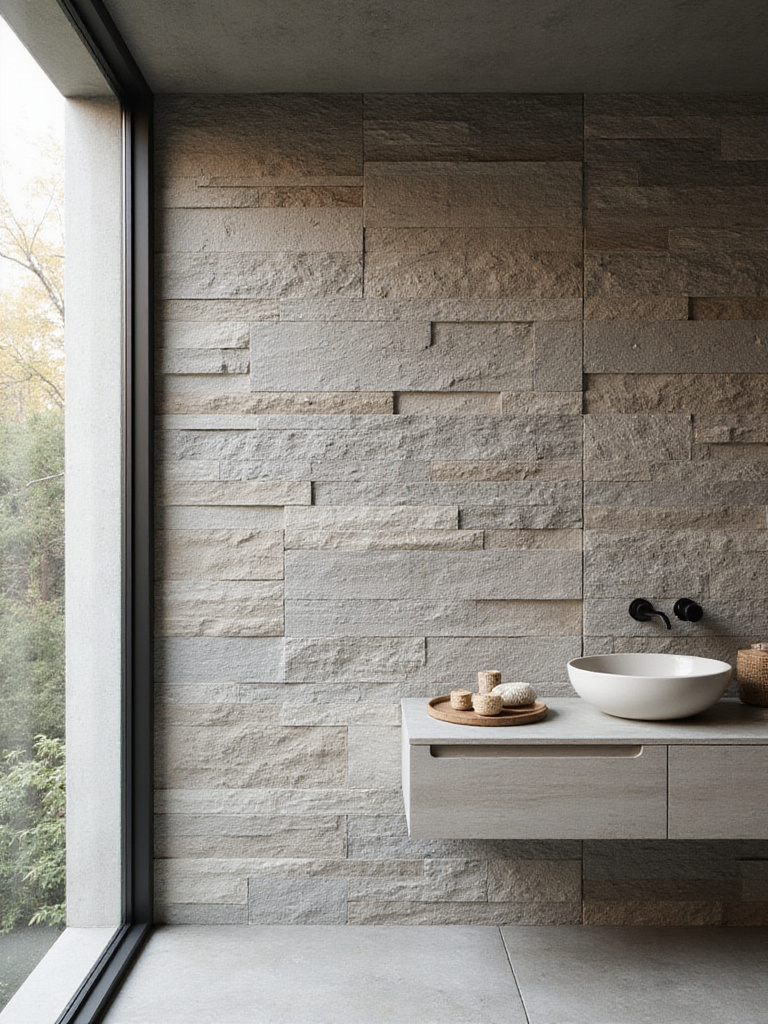 Bathroom feature wall with textured porcelain tiles resembling natural stone.