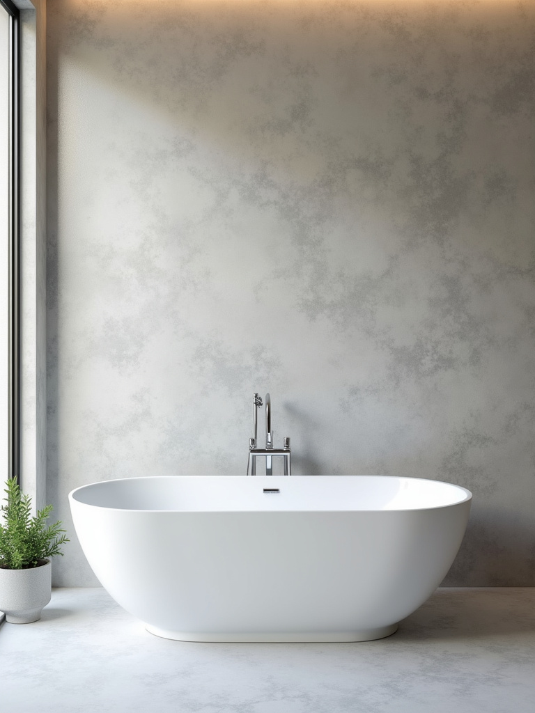 Modern bathroom featuring a freestanding tub and a textured Venetian plaster wall.