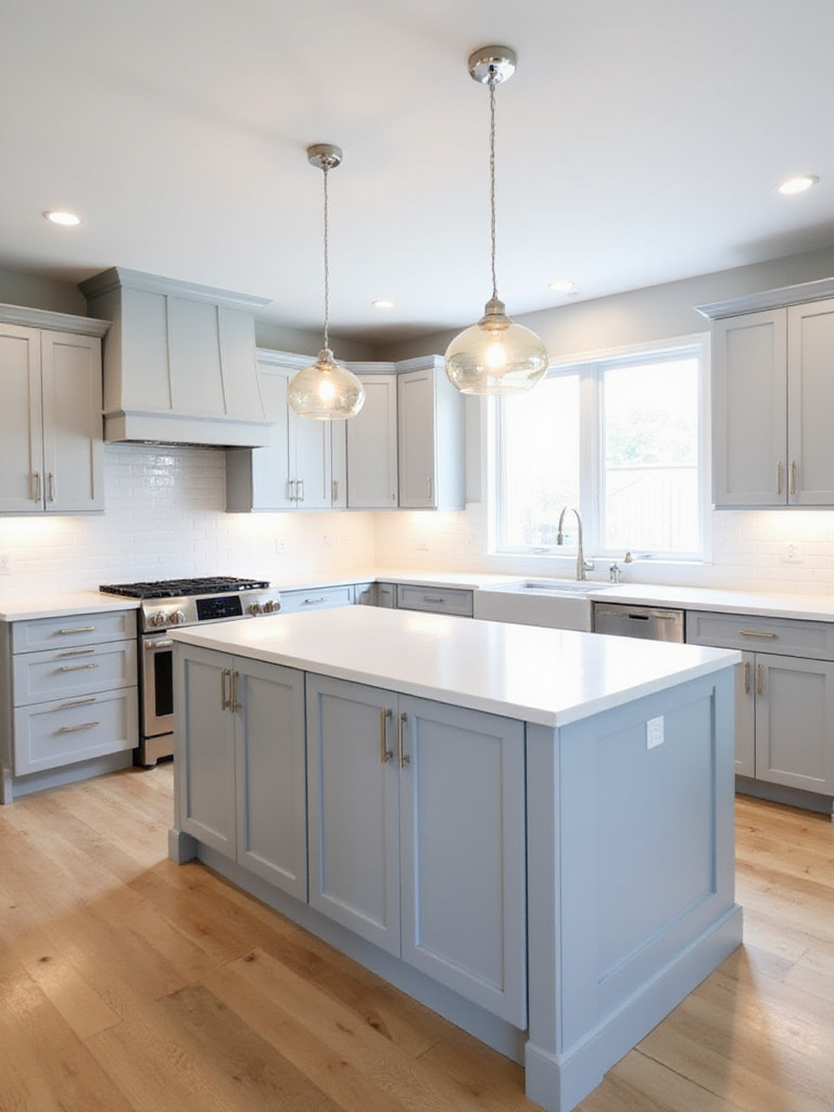 Contemporary Shaker kitchen cabinets in soft gray with minimalist hardware.