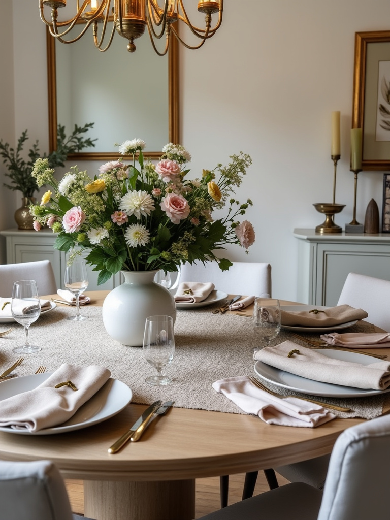 Dining room table with elegant centerpiece, place settings, and decorative console table.