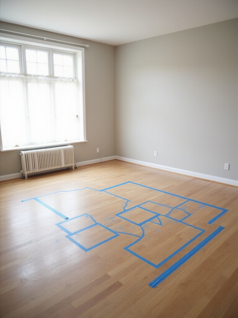 Living room floor with painter's tape outlining furniture placement to test layout before moving furniture.