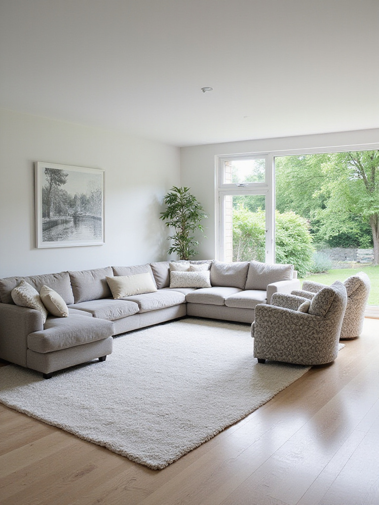 Living room with angled sofa, armchairs, and rug for dynamic layout