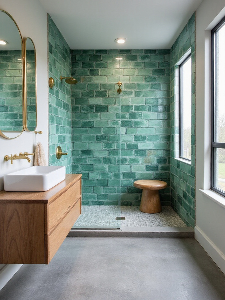 Modern bathroom design with emerald green shower tiles and floating wood vanity