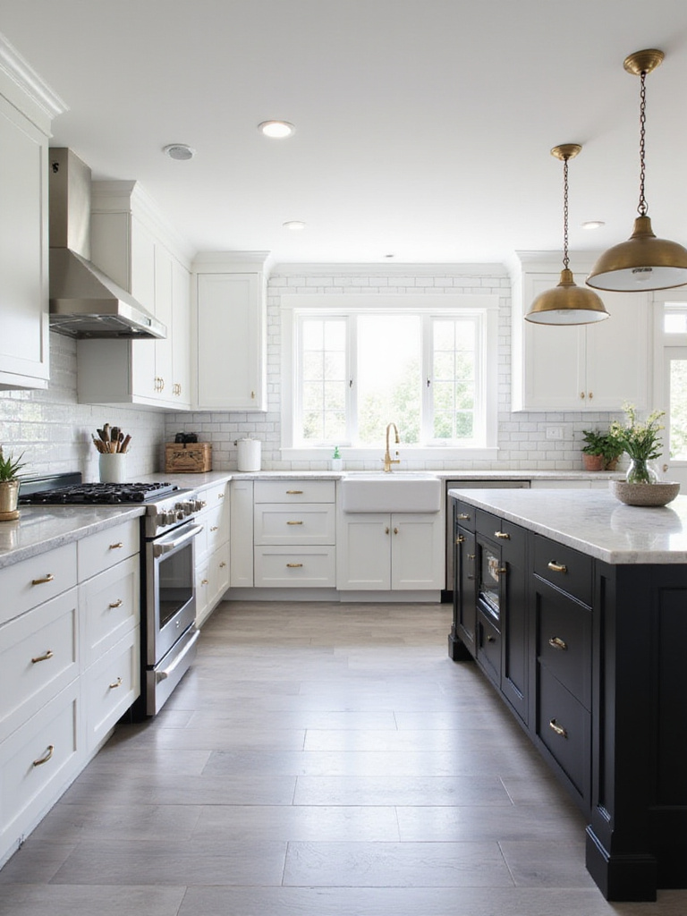 Modern black and white kitchen with shaker cabinets and marble countertops.