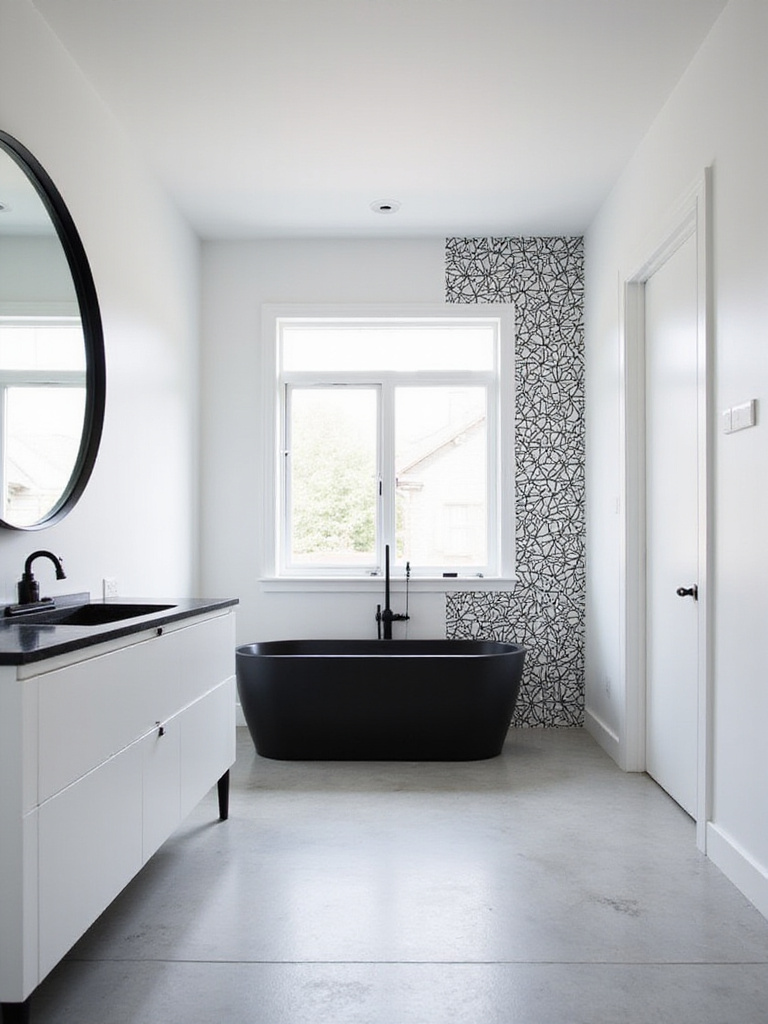 Modern bathroom featuring a black and white color scheme with geometric patterned tile accent wall and freestanding black bathtub.