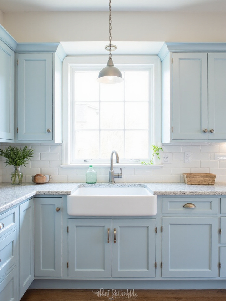 Blue Shaker style kitchen cabinets with white subway tile and brushed nickel hardware