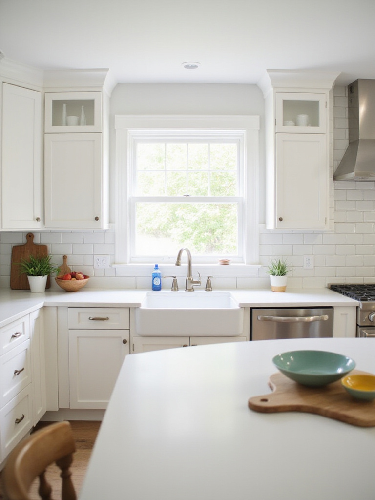 Bright white kitchen with stainless steel appliances and natural wood accents
