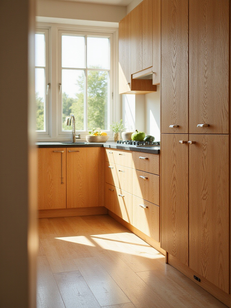 Close-up of organic wood kitchen cabinets showcasing the natural and beautiful wood grain.