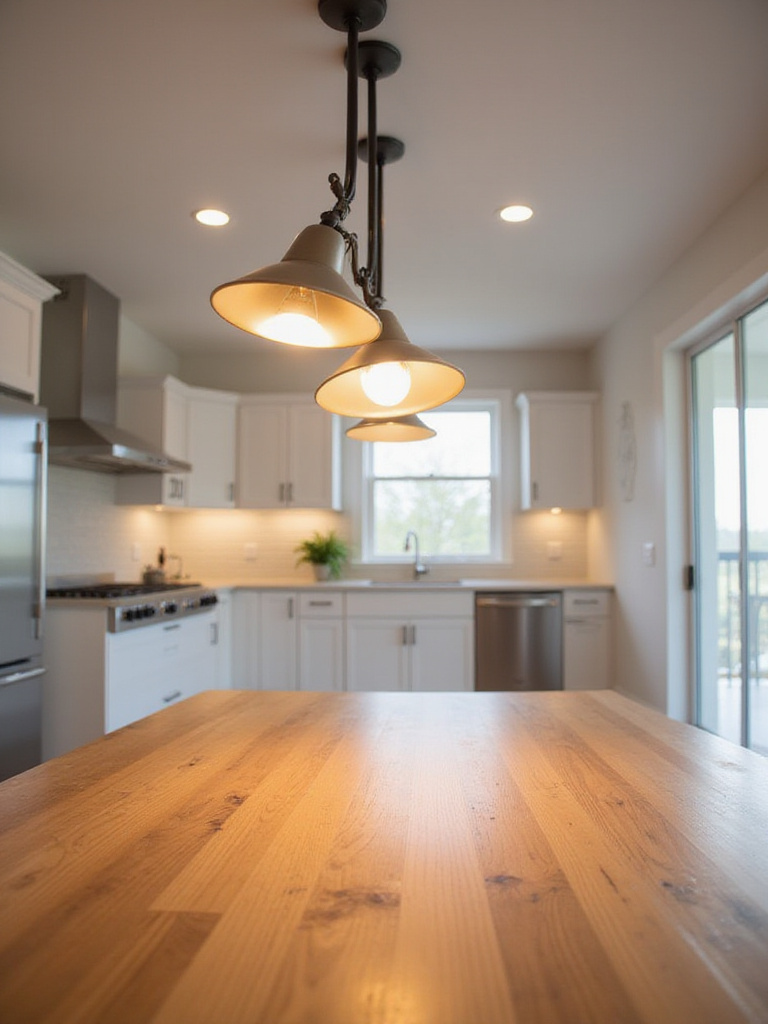Modern kitchen with track lighting illuminating a wooden dining table.