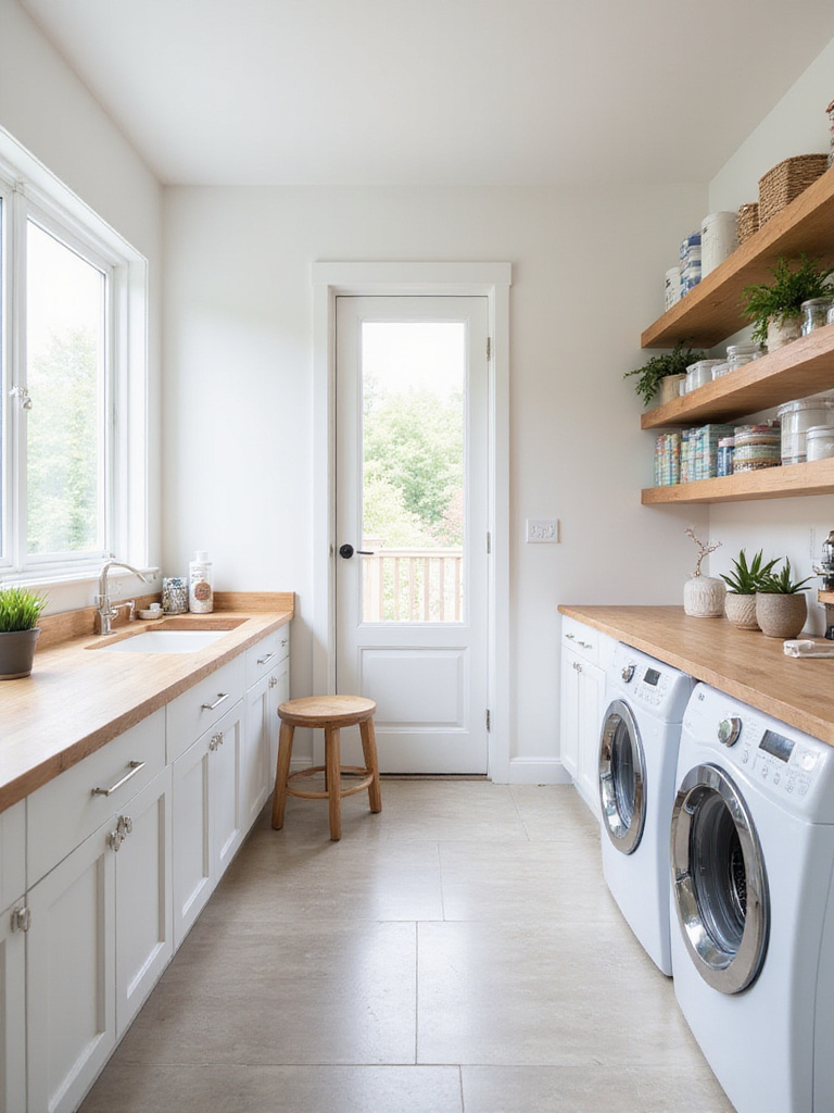 Bright and organized laundry room with a dedicated craft and work area.