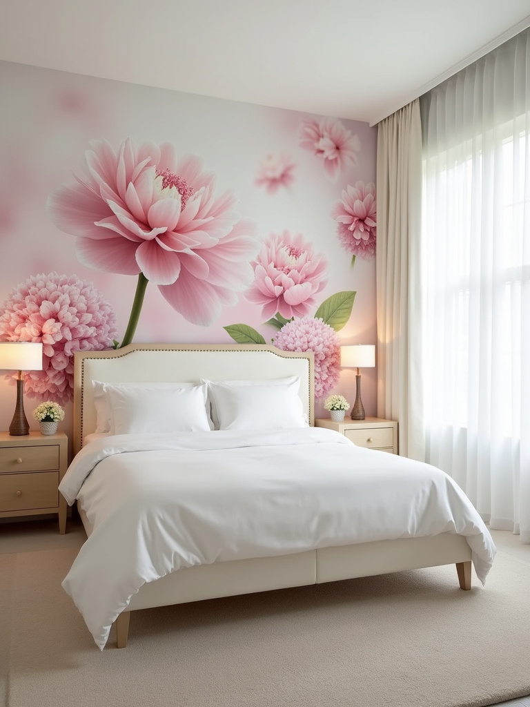 Bedroom with floral wall mural behind headboard