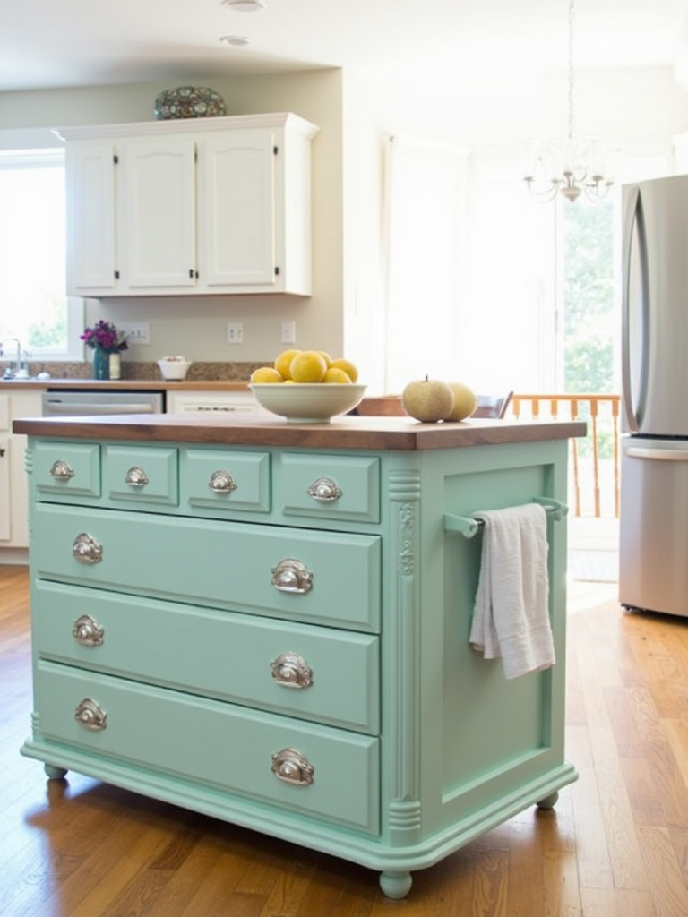 Repurposed vintage dresser transformed into a kitchen island with butcher block countertop