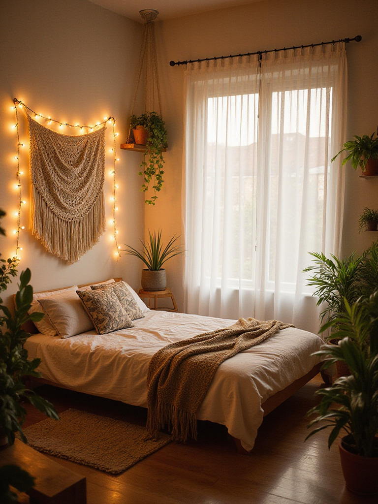 Boho bedroom with string lights draped across the headboard and curtains.