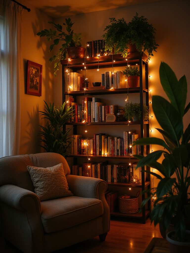 Cozy living room with string lights illuminating a bookshelf.