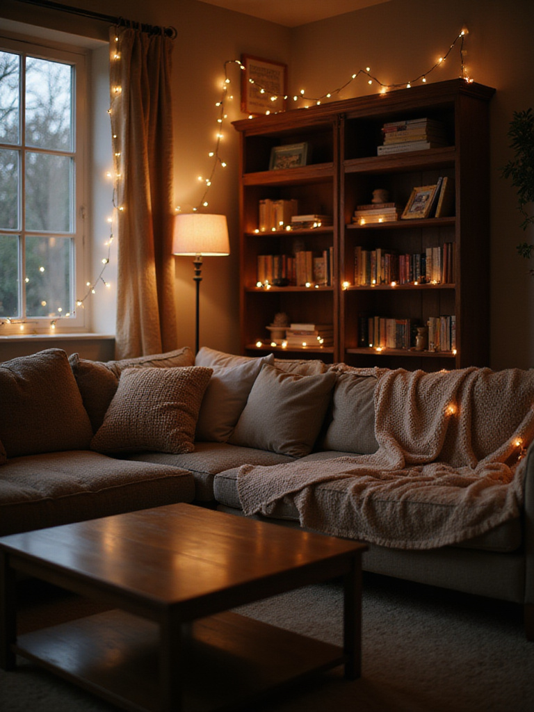 Cozy living room with fairy lights creating a warm and inviting atmosphere