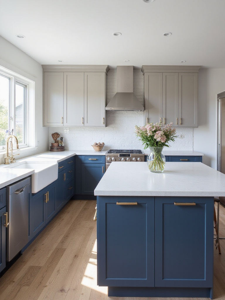 Contemporary kitchen with two-tone navy blue and light gray cabinets.