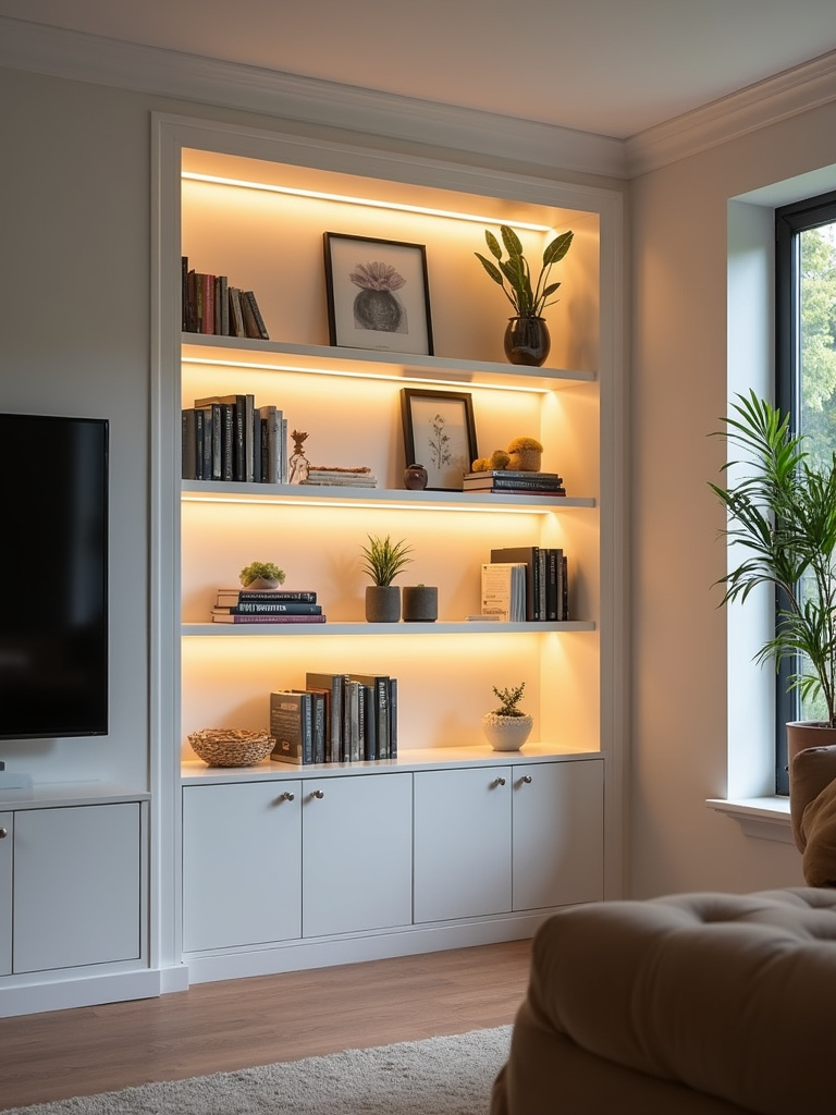 Living room with built-in shelving illuminated by under-cabinet LED lighting.