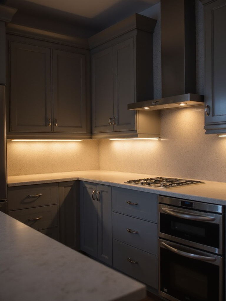 Contemporary kitchen with dark gray cabinets and light quartz countertops illuminated by warm under-cabinet LED lighting.