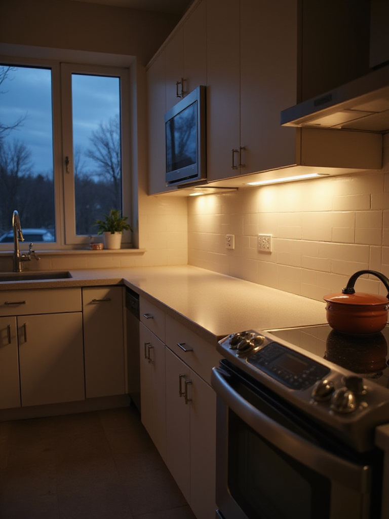 Warm and inviting kitchen with under cabinet lighting illuminating countertops.