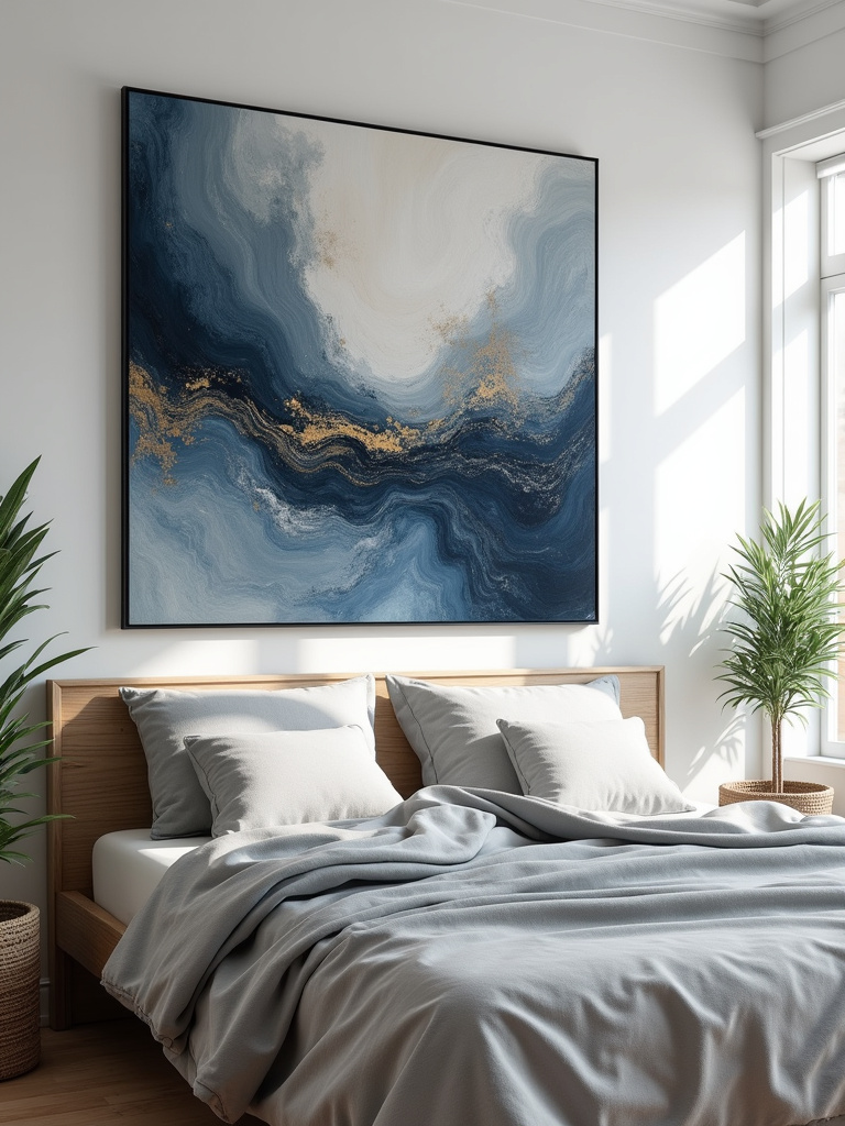 Modern bedroom with a large DIY abstract painting above the bed
