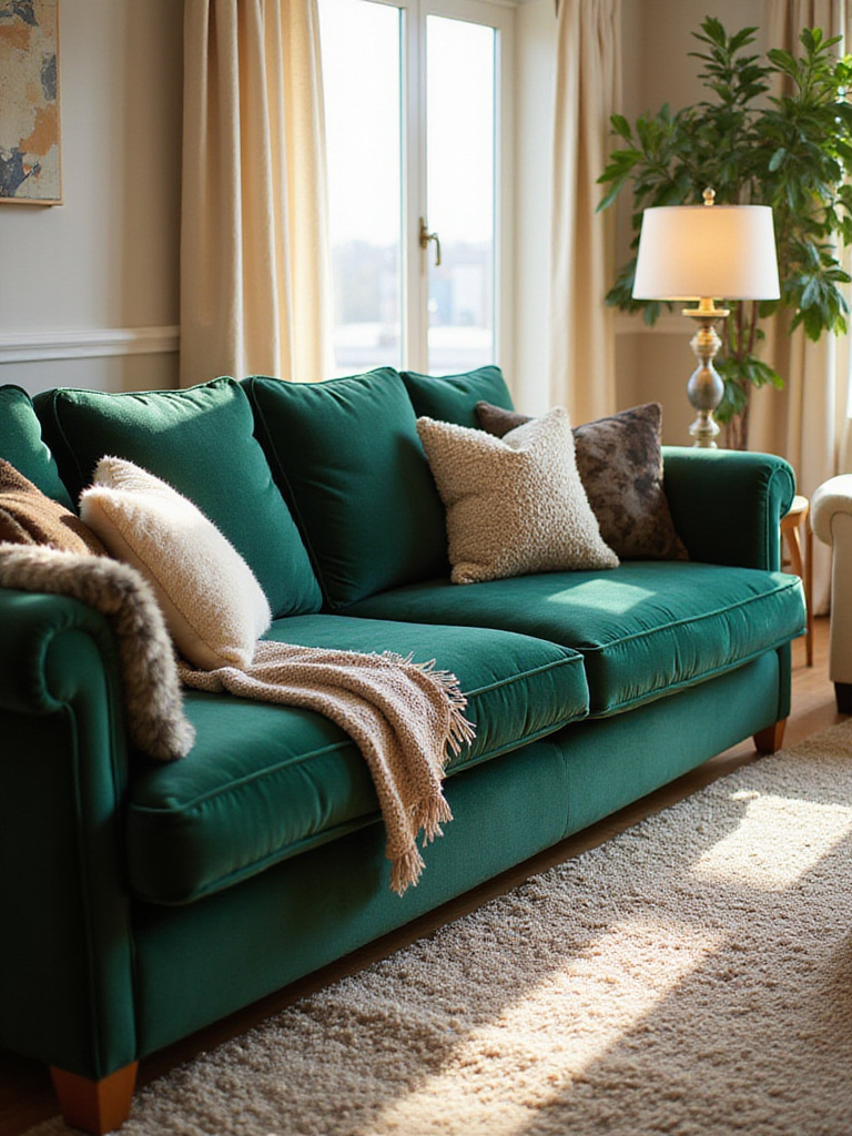 Cozy living room with plush green velvet sofa and cream boucle armchair, creating an inviting seating area.