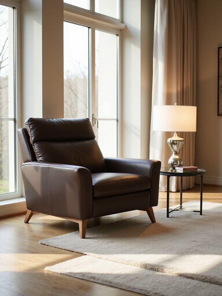 Modern living room featuring a dark brown leather recliner near a window.