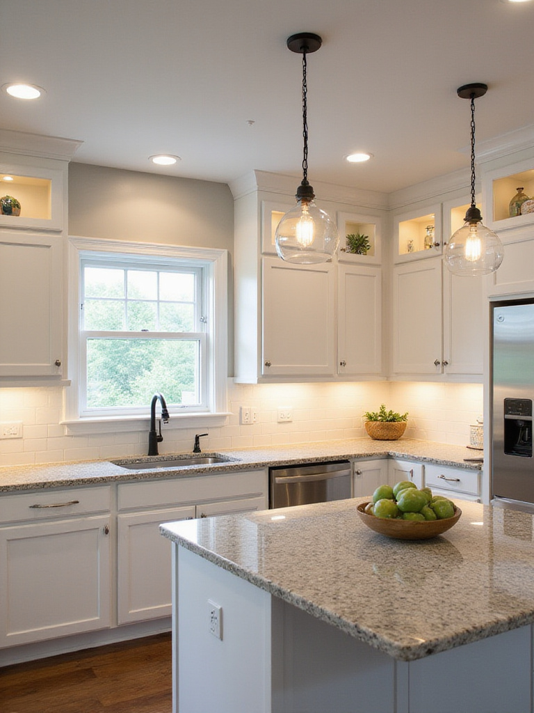Modern kitchen with updated lighting fixtures including track lighting, pendant lights, and under-cabinet lighting.