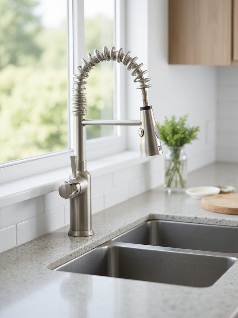 Brushed nickel pull-down kitchen faucet on a granite countertop.