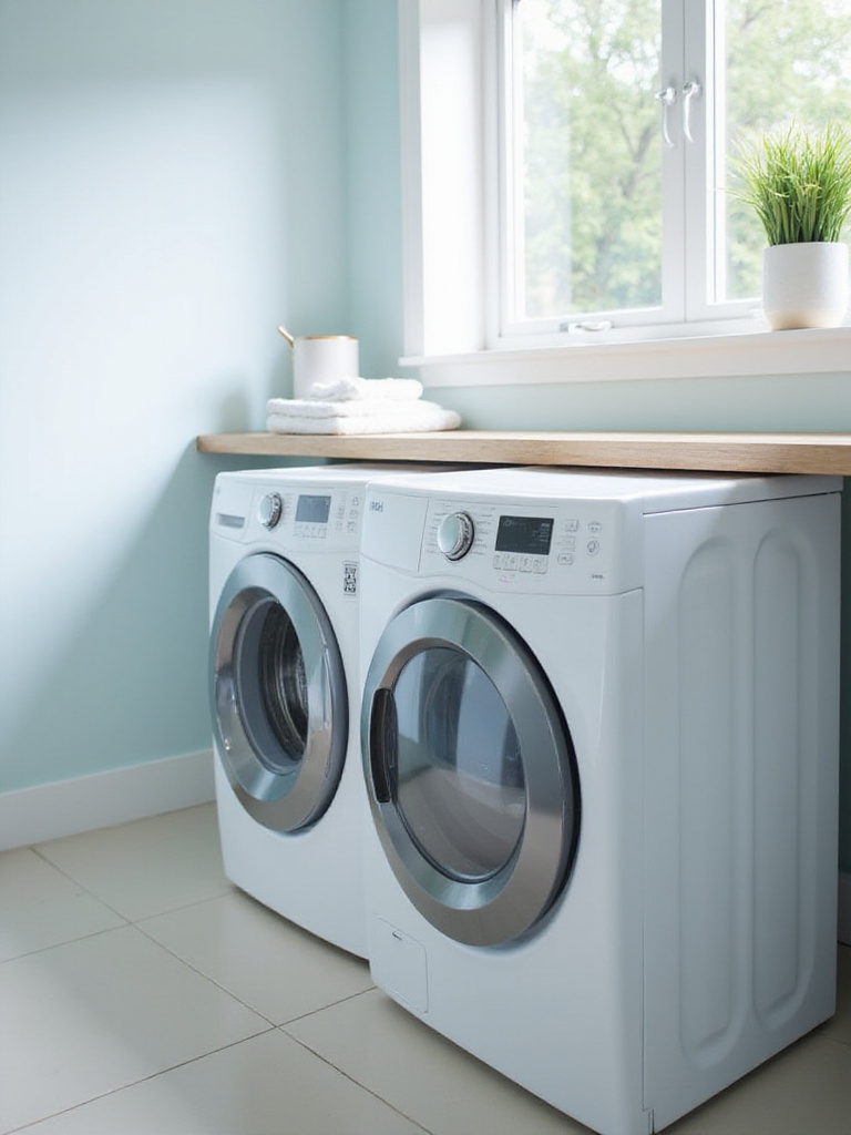 Modern and energy-efficient front-load washer and dryer in a bright and organized laundry room.