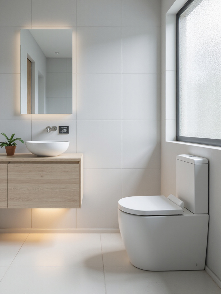 Modern bathroom featuring a high-tech smart toilet.