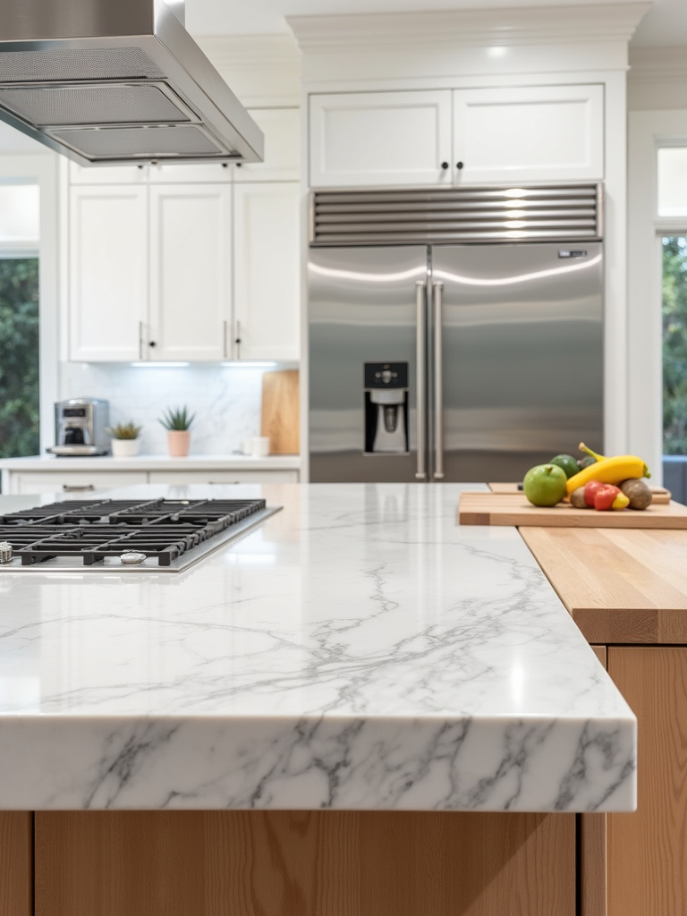 Kitchen island with marble waterfall countertop and butcher block prep area.