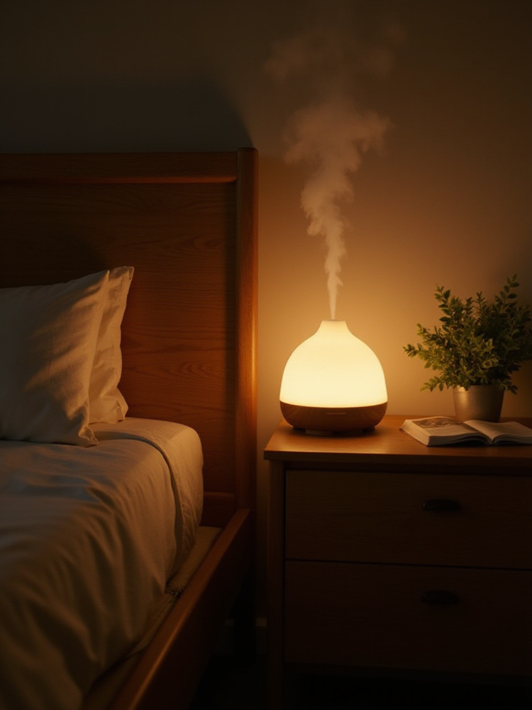 Essential oil diffuser emitting a calming mist in a cozy bedroom setting.