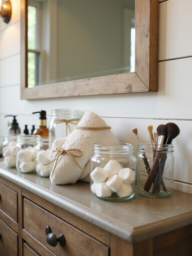 Rustic bathroom vanity with mason jars used for organizing cotton balls, makeup brushes, and hand towels.