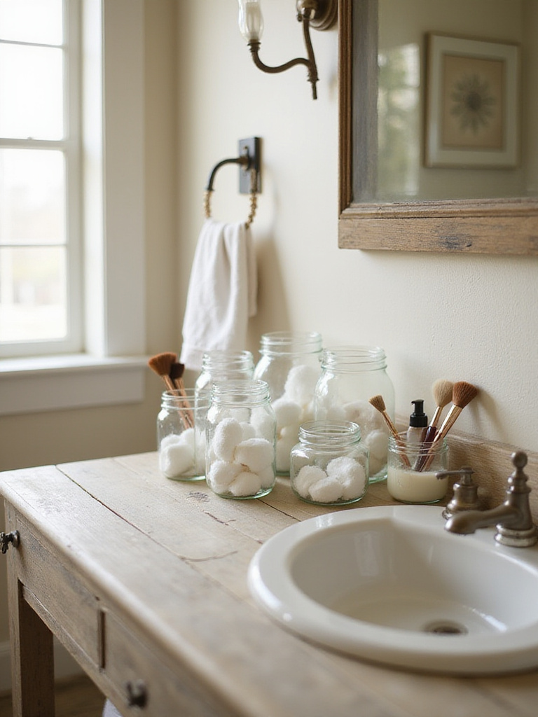 Mason jars organizing bathroom essentials on a farmhouse style vanity.