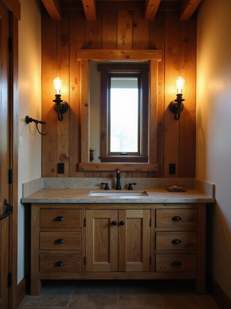 Rustic bathroom vanity with wrought iron sconces and Edison bulbs, creating a warm and inviting atmosphere.