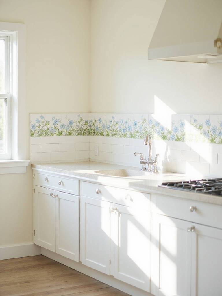 Kitchen featuring a floral wallpaper border along the top of the wall.