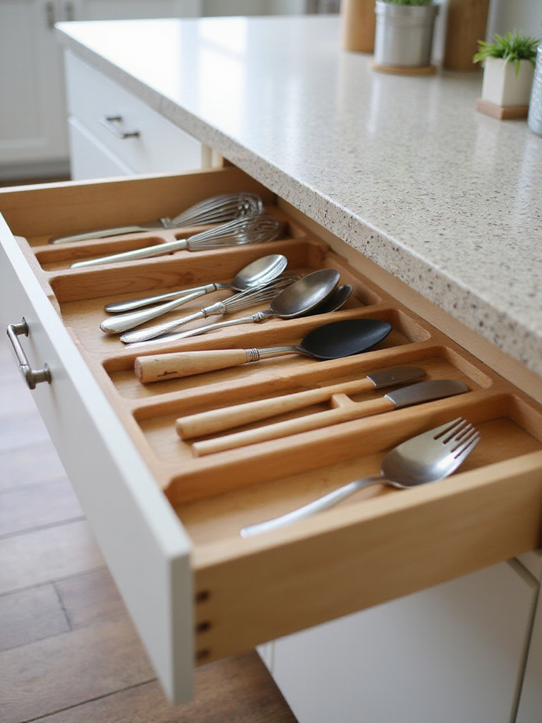Organized kitchen island drawer with bamboo utensil insert and neatly arranged silverware