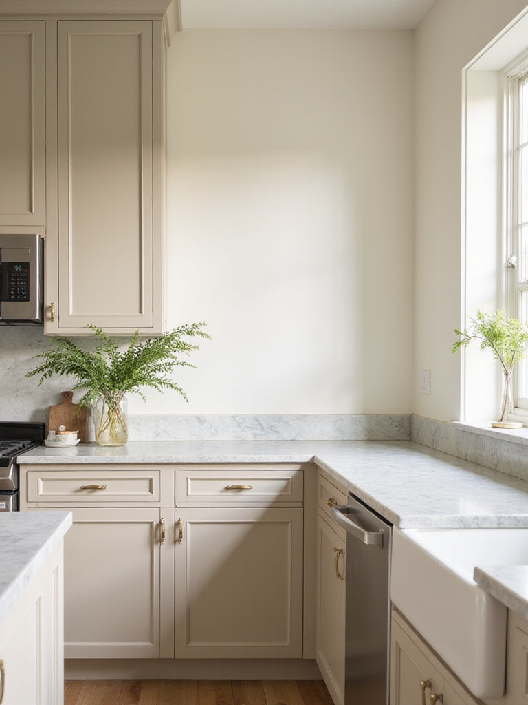 Modern kitchen with greige walls and cabinets, stainless steel appliances, and marble countertops, showcasing a balanced and inviting space.