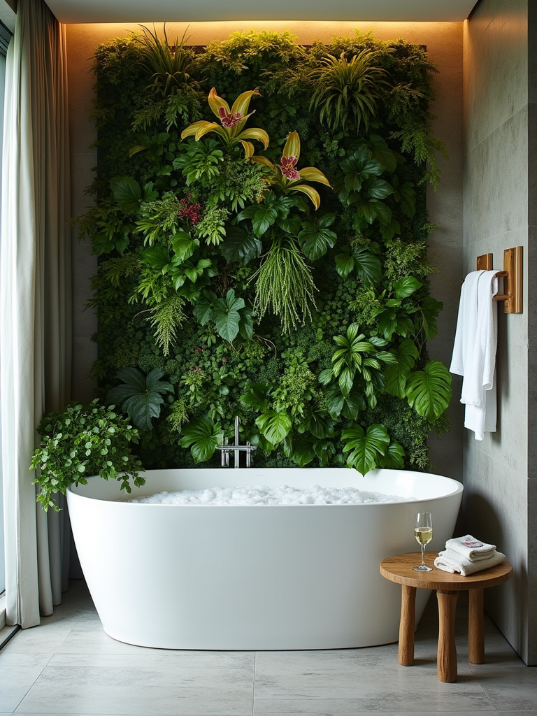 Bathroom with lush vertical garden wall behind bathtub creating a spa-like oasis.