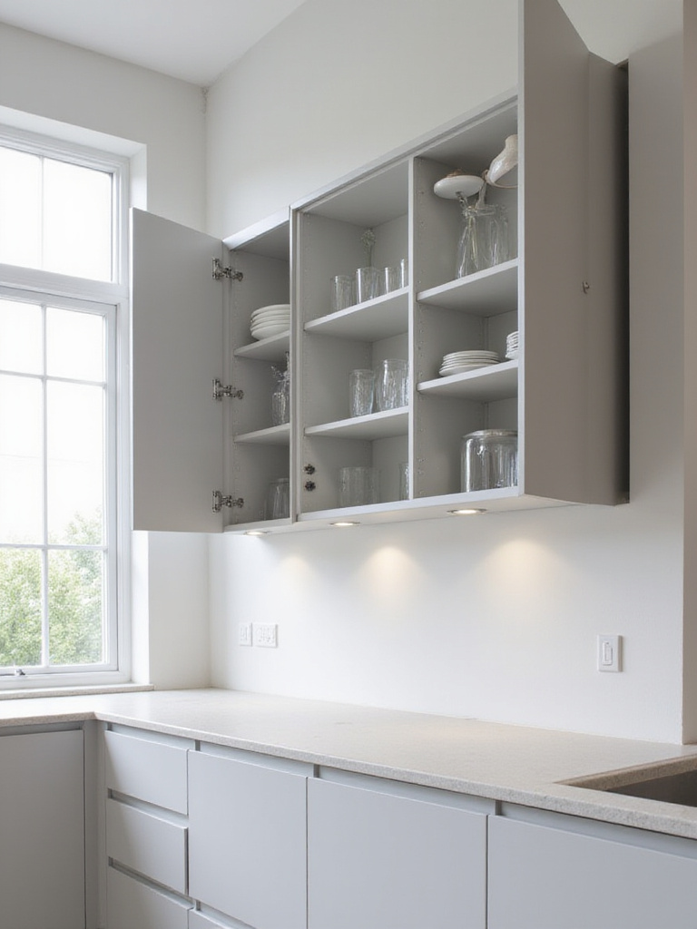 Modern kitchen with light gray vertical lift cabinets showcasing organized dishware.