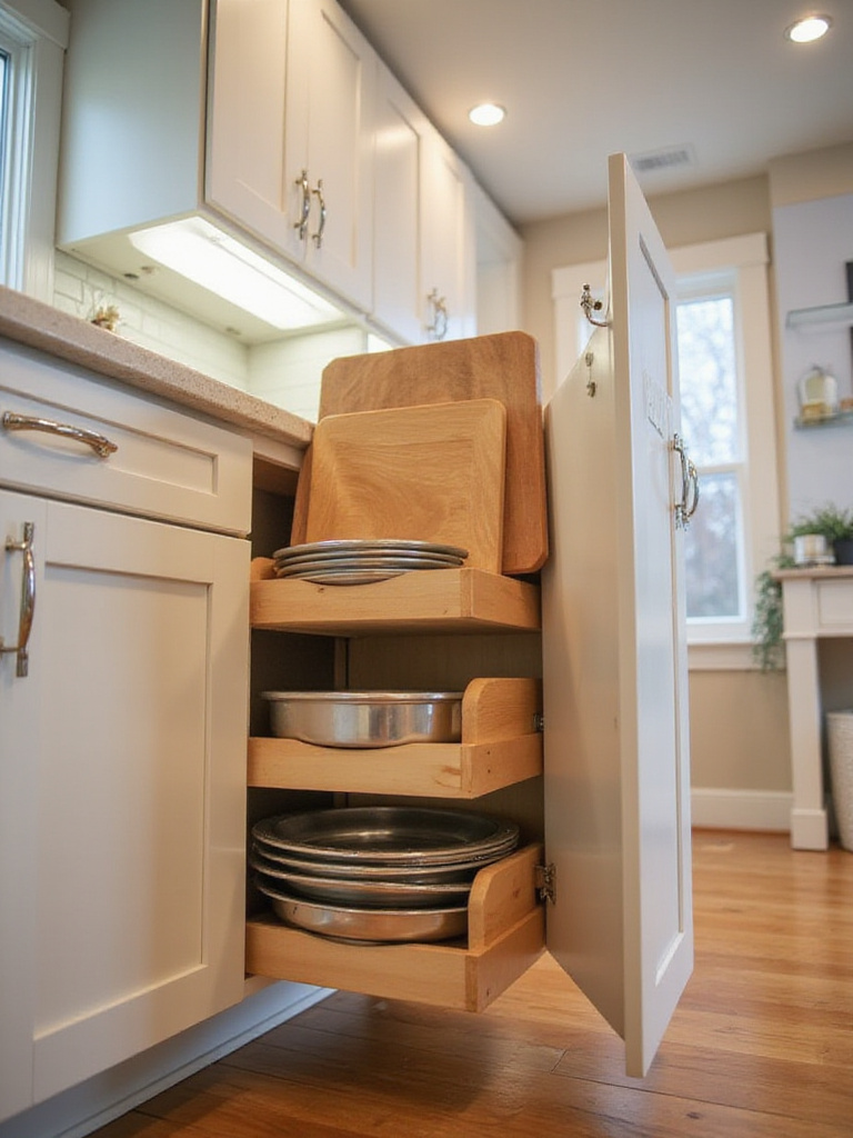 Kitchen island cabinet with vertical tray dividers organizing cutting boards and baking sheets.