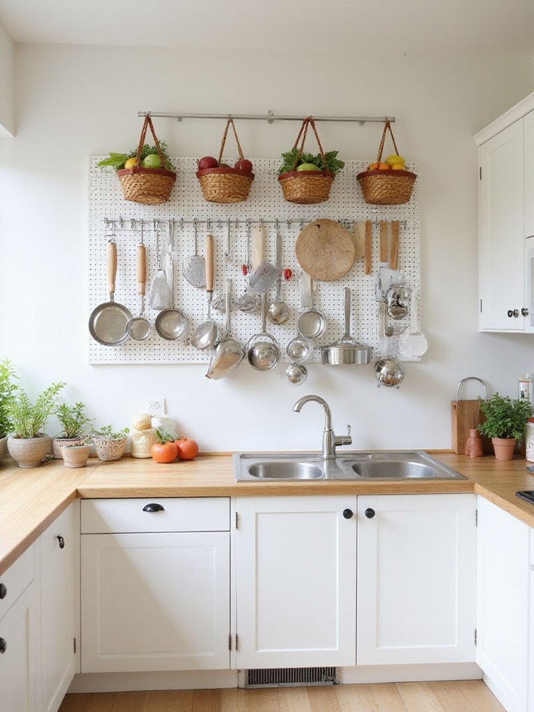 Small kitchen with pegboard and hanging storage solutions on the wall to maximize space.