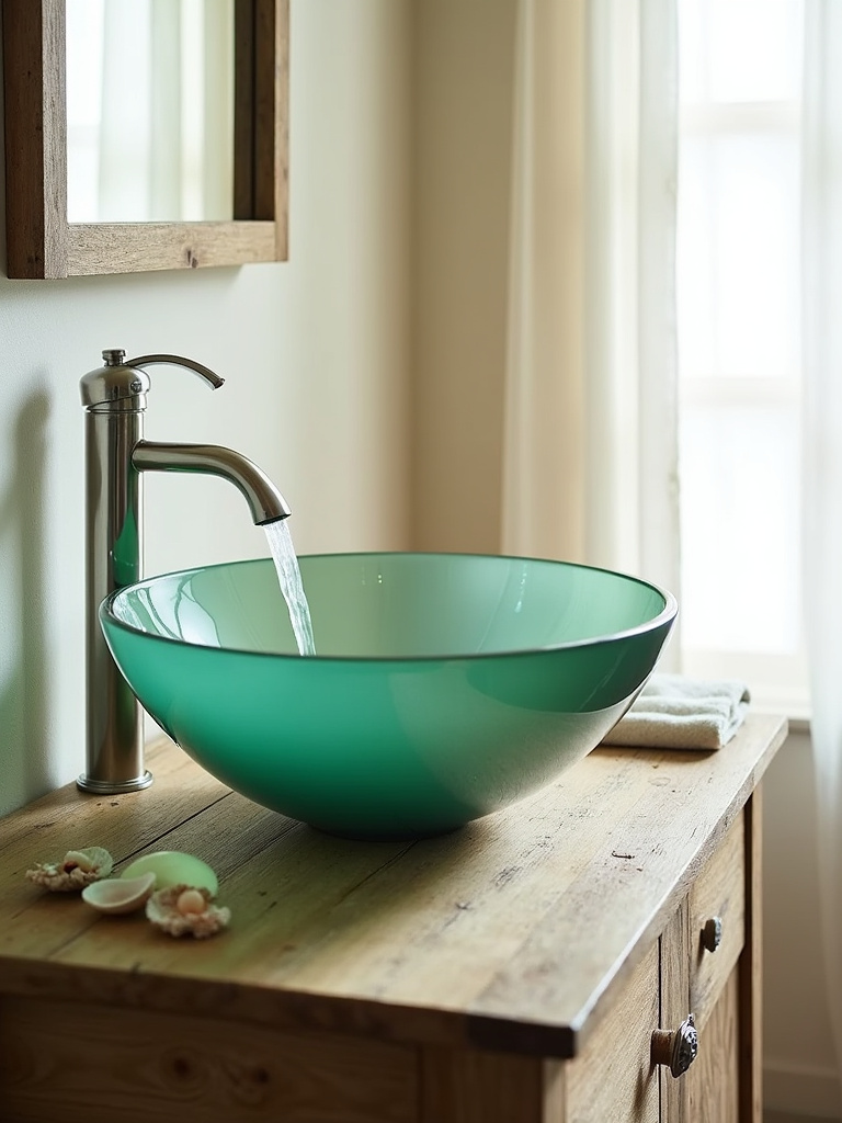 Coastal bathroom vanity with sea-glass green vessel sink and reclaimed wood