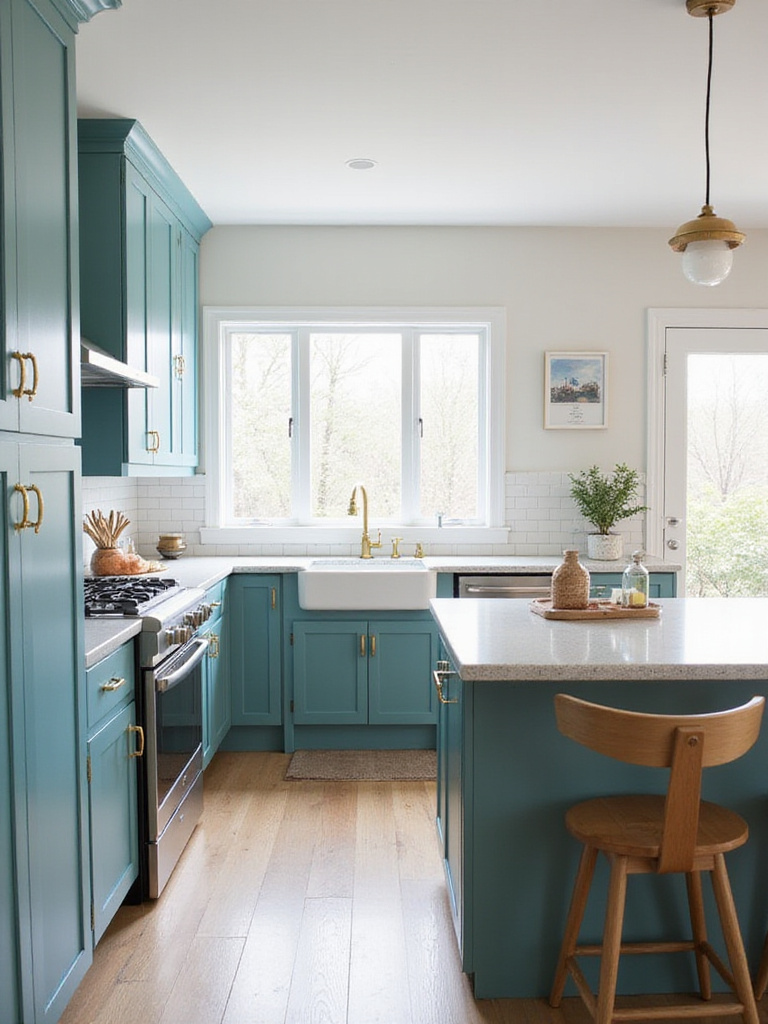 Modern kitchen with vibrant teal cabinets and gold hardware.