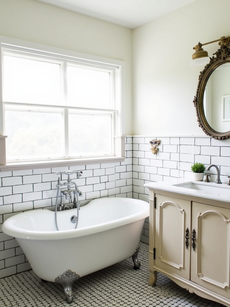 Bathroom design featuring vintage clawfoot tub and antique vanity.