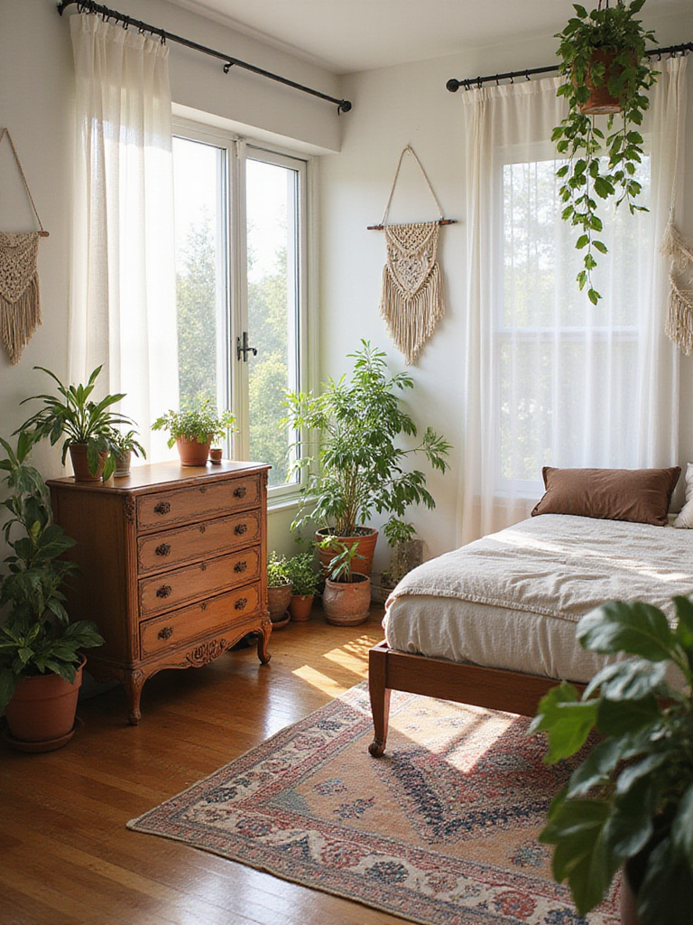 Boho bedroom with vintage wooden dresser and modern accents.
