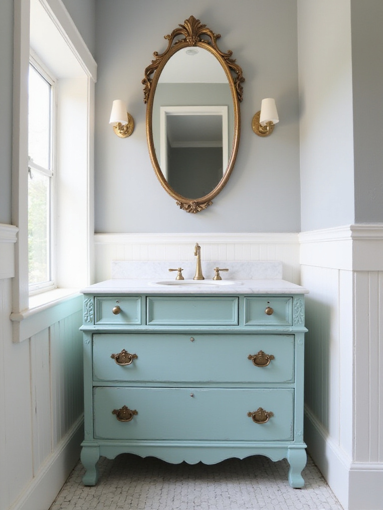 Bathroom featuring a vintage teal dresser repurposed as a vanity with marble countertop and gold faucet.