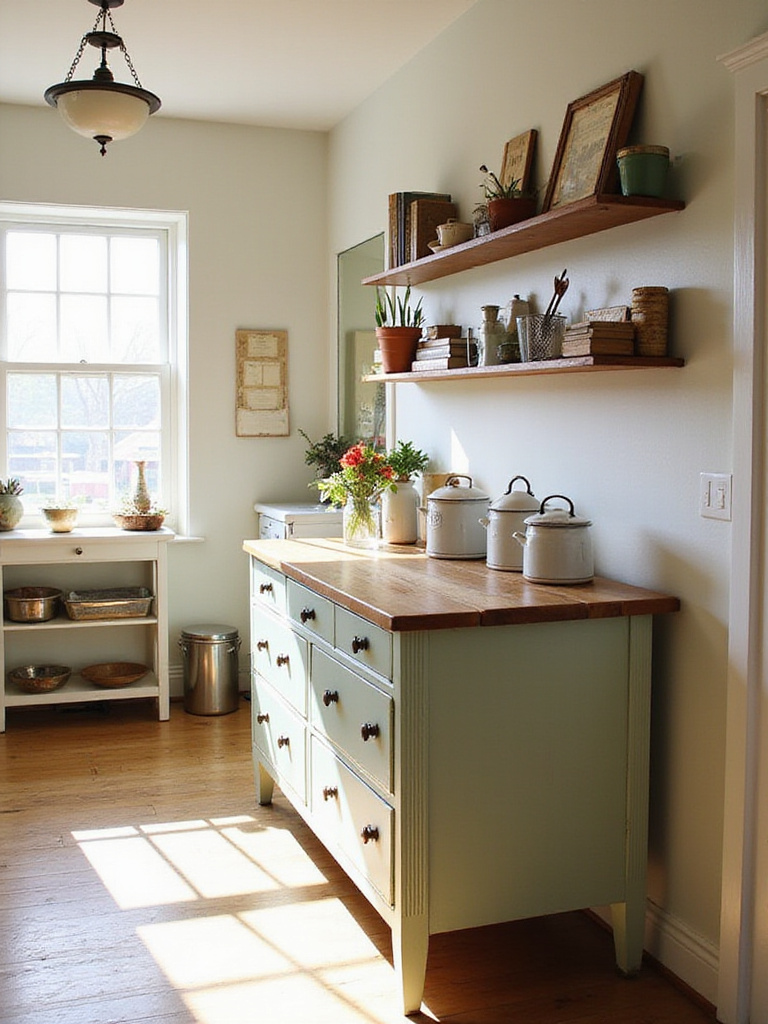 Kitchen with vintage-inspired design and repurposed antique dresser island