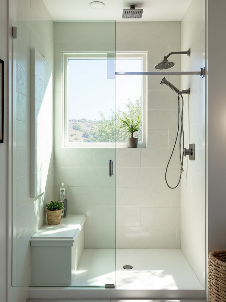 Modern bathroom design featuring a luxurious and accessible walk-in shower with frameless glass panels.